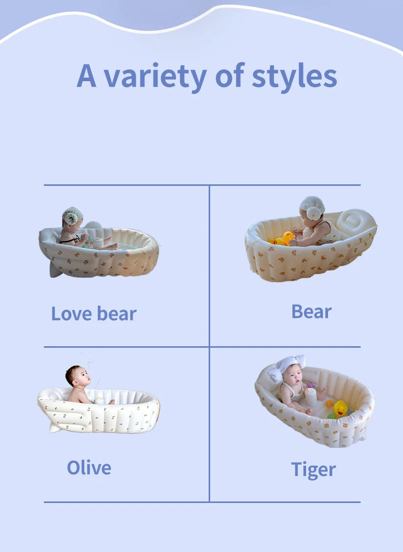 Portable Baby Bath Tub with Built-In Air Pump, Inflatable PVC Bathtub in Animal and Olive Prints for Home Bathing and Family Travel