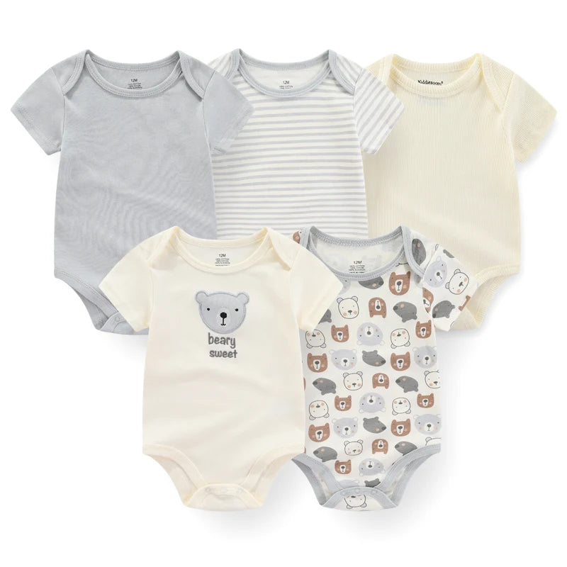 Cotton Baby Bodysuit Set of 5, Short Sleeve and Sleeveless Infant Clothing Styles with Solid Colors and Prints for Boys and Girls, 3M-12M