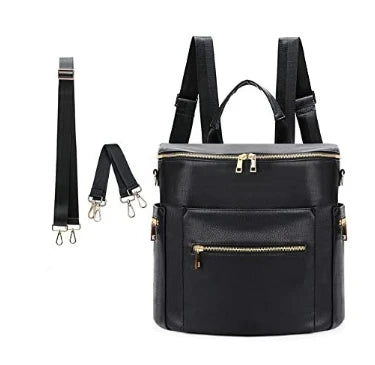 Convertible Diaper Backpack in PU Leather with Changing Pad, 11 Storage Pockets, Insulated Bottle Pockets and Shoulder Straps for Parents