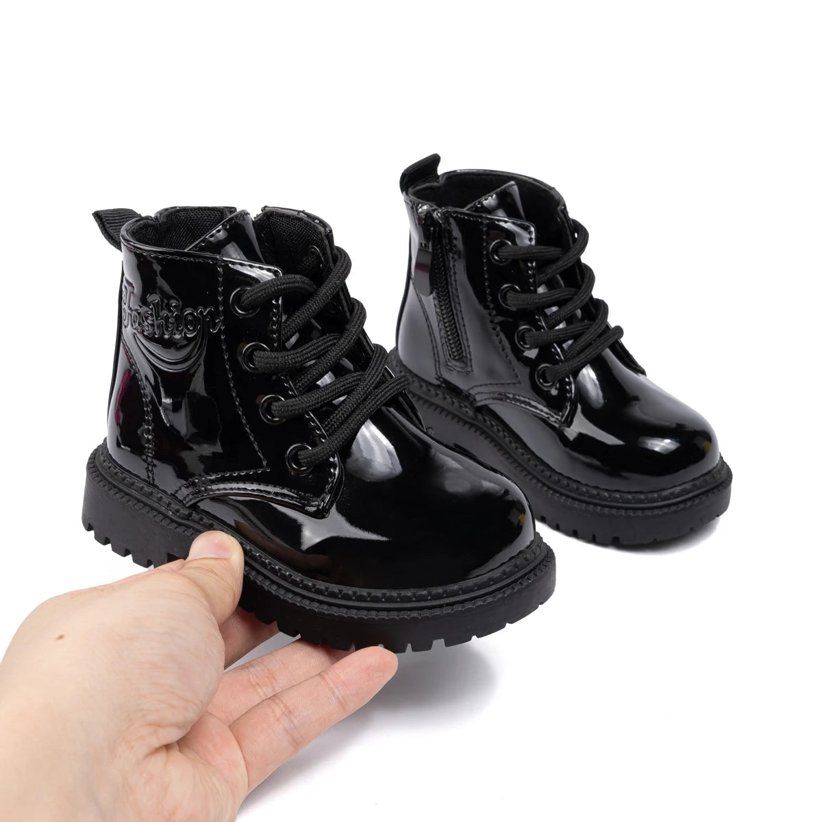 Kids PU Leather Combat Ankle Boots with Lace-Up Front, Side Zipper and Black Chunky Soles, Boys and Girls Fall Winter Shoes in Sizes 21-30