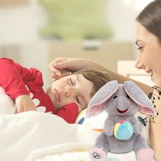 Peekaboo Singing Elephant Plush Toy, 25 cm Gray Interactive Musical Stuffed Animal with Moving Ears for Supervised Toddler Play Over 12 Months