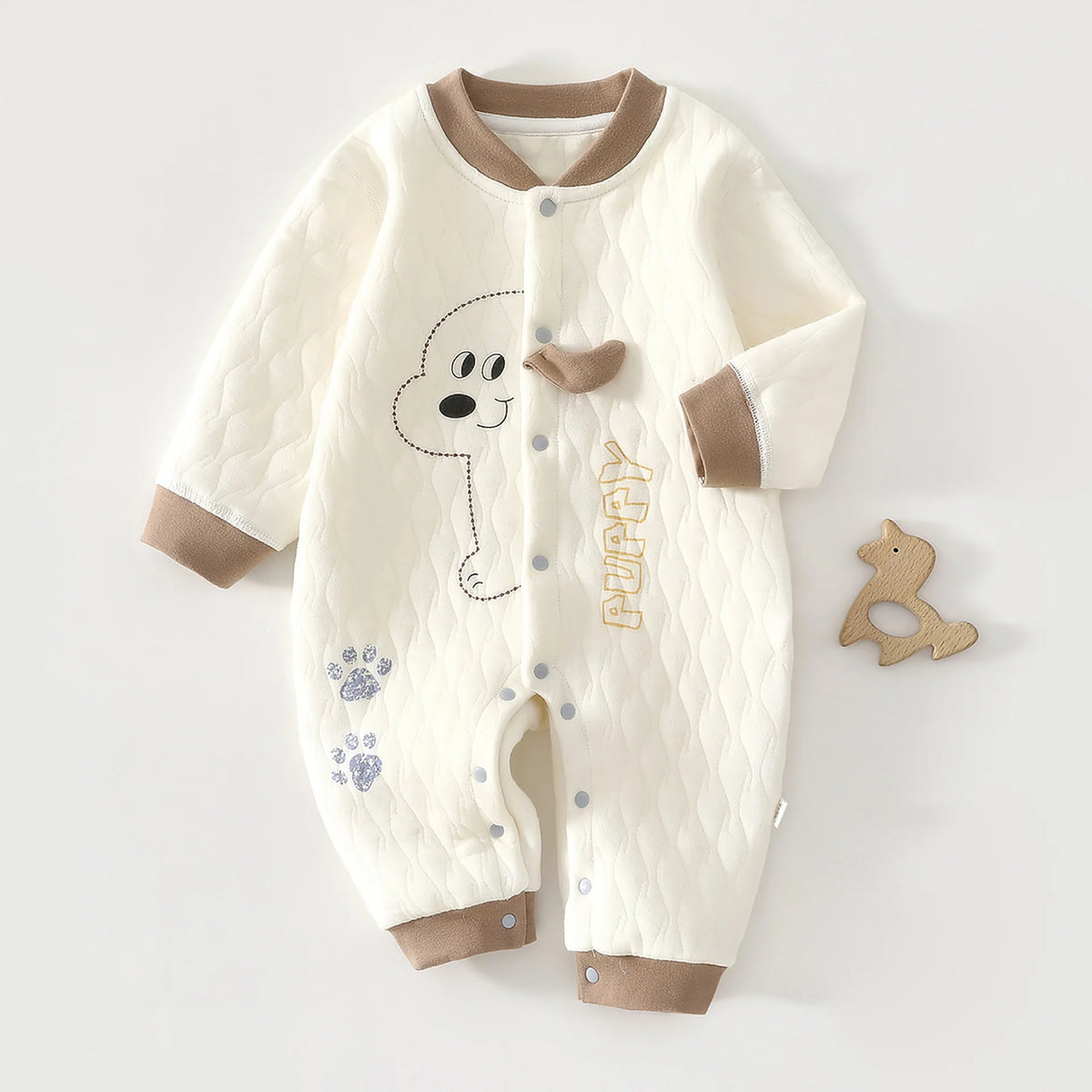 Quilted Baby Snap-Front Romper with Cartoon Dog or Dinosaur Details, Long Sleeve Footless Jumpsuit with Contrast Cuffs for Infant Everyday Outfits