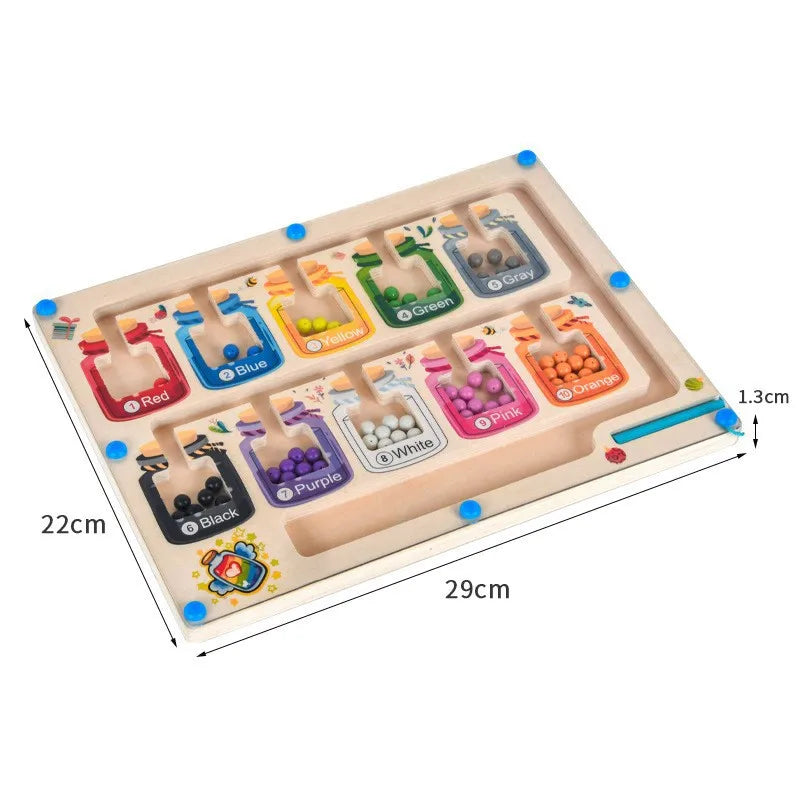 Magnetic Color Sorting Maze Board, Wooden Bead Puzzle with Tethered Wand for Montessori-Inspired Color Matching, Counting and Route Planning