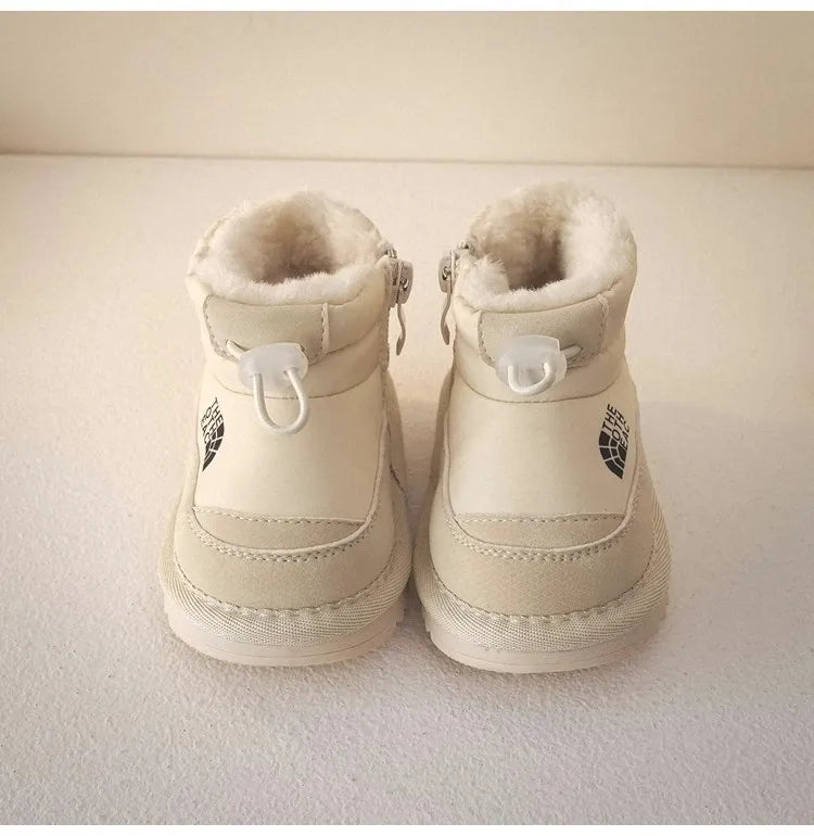 Plush-Lined Kids Snow Boots with Side Zippers and Chunky Platform Soles, Boys and Girls Winter Ankle Boots in Pink, Black and Ivory