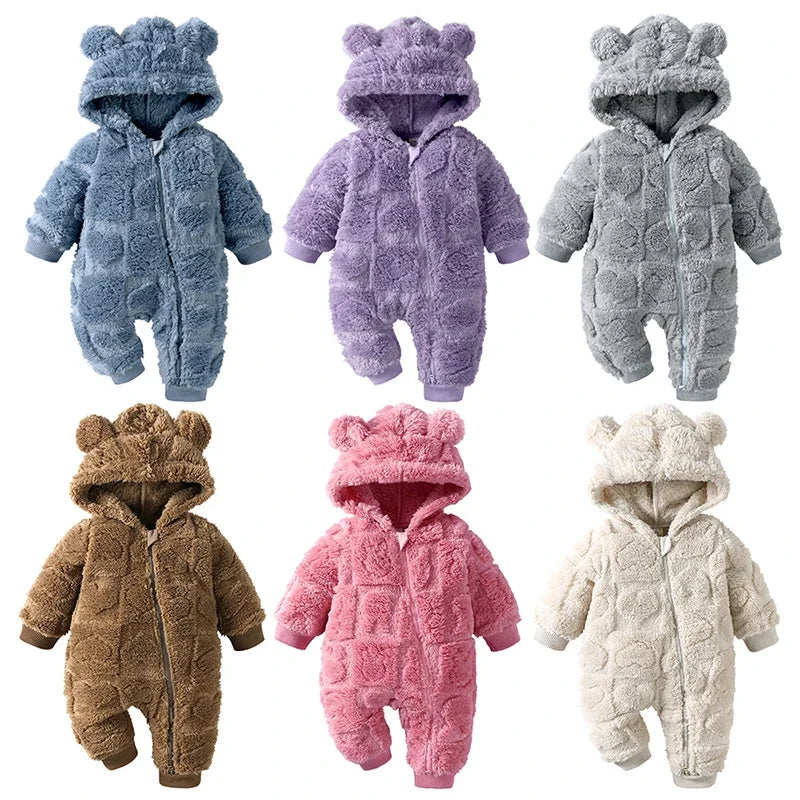 Baby Hooded Winter Romper with Long Sleeves and Cartoon Design, Cozy One-Piece Outfit for Infant Boys and Girls in Sizes 0 to 18 Months