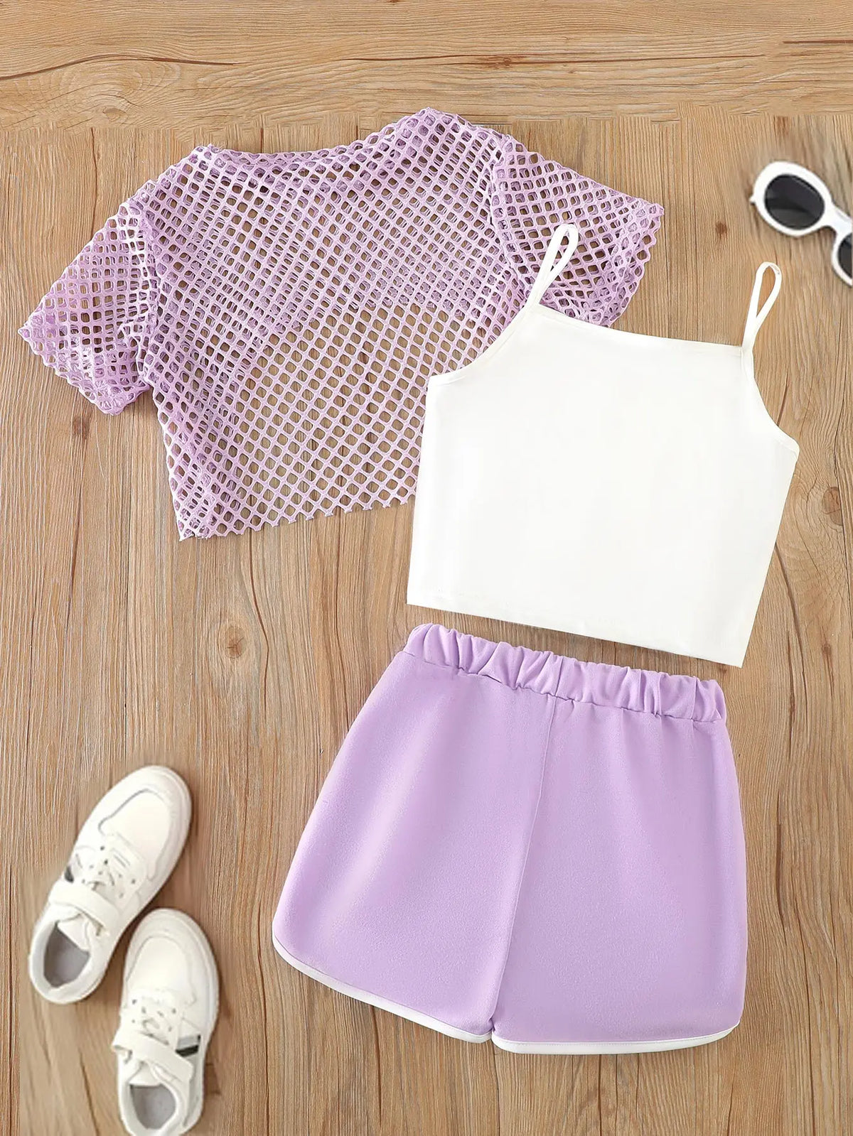 Girls Mesh Top and Shorts Outfit with Brooklyn Print Cami, Three-Piece Summer Set with Short Sleeves and Elastic Waist for Ages 8-12