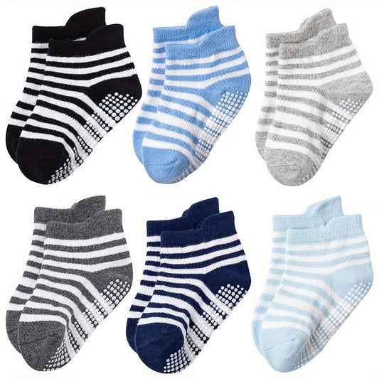 Toddler Grip Socks 6-Pair Set for Babies and Kids, Breathable Polyester Non-Slip Floor Socks in Solid and Striped Styles for Everyday Wear