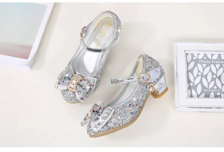 Bow-Accent Glitter Mary Jane Shoes for Girls with Buckled Strap and Block Heel, Sparkling Princess Dress Shoes for Parties and Weddings
