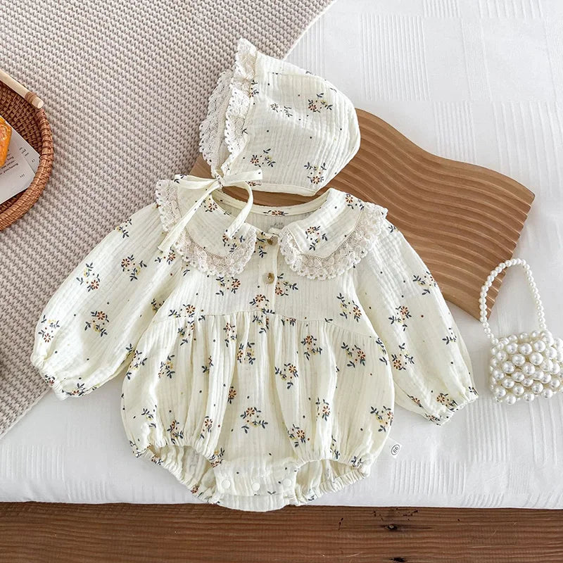 Lace Collar Baby Girl Romper with Bonnet, Cream Floral Long Sleeve Bubble One-Piece and Matching Hat for Spring Photos, Sizes 66-90