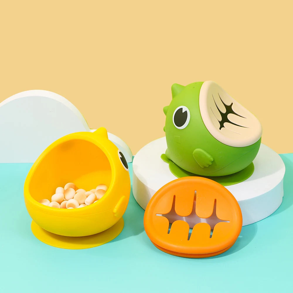 Dinosaur Silicone Suction Bowl with Slotted Snack Lid, Cartoon Baby Feeding Dish for Supervised Weaning Meals and Toddler Snacks
