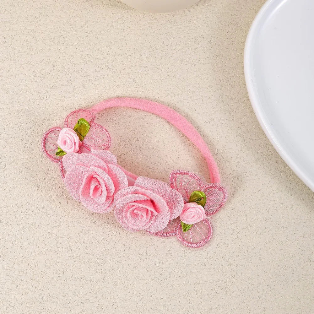 Flower Baby Headbands, 5-Piece Nylon Elastic Band Set with Layered Fabric Roses and Mesh Butterfly Accents for Supervised Outfit Photos