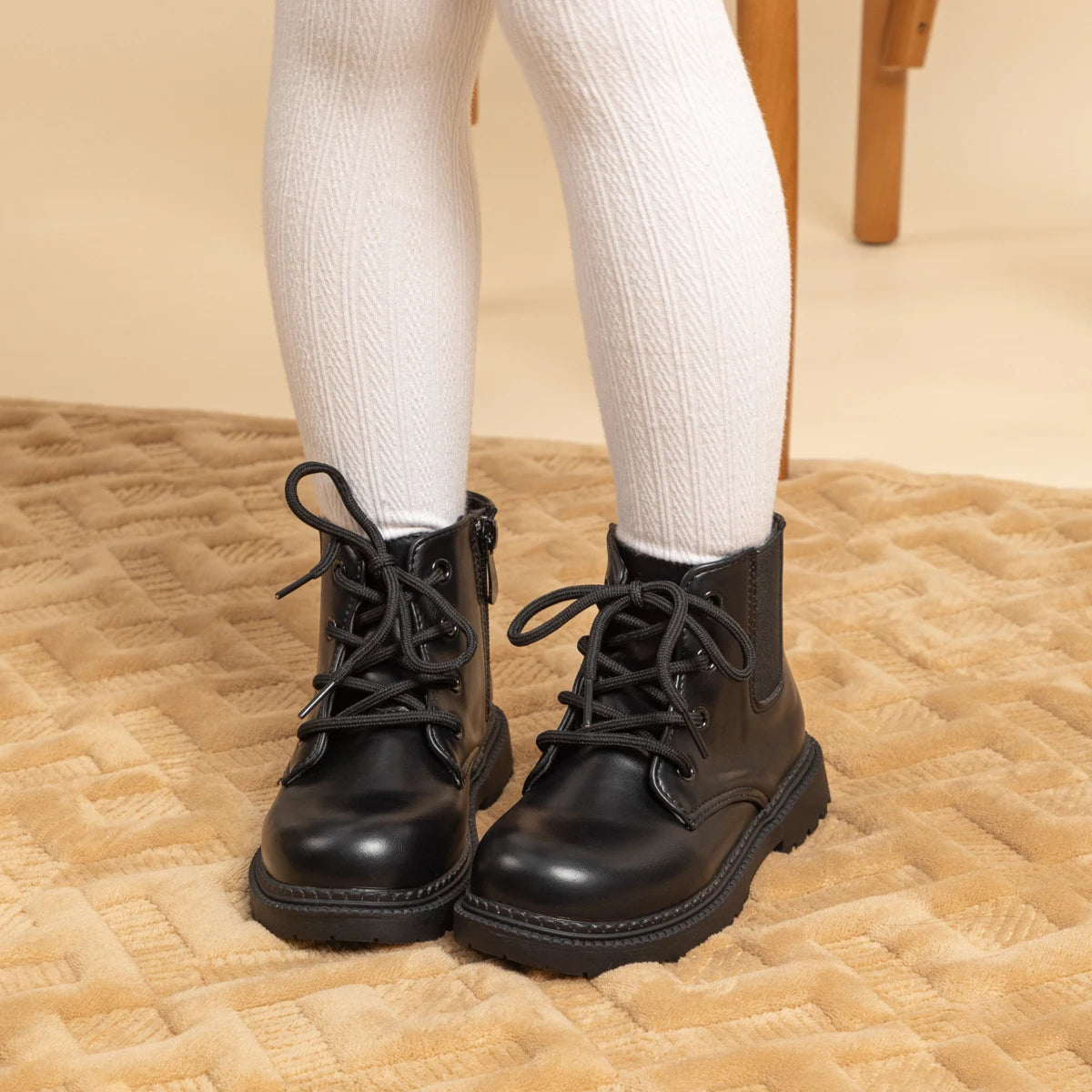 Kids PU Leather Combat Ankle Boots with Lace-Up Front, Side Zipper and Black Chunky Soles, Boys and Girls Fall Winter Shoes in Sizes 21-30