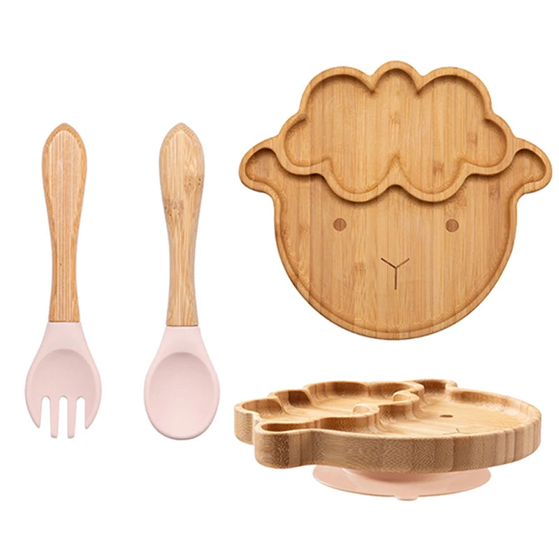 Baby Bamboo Suction Plate Set with Wooden-Handle Spoon and Fork, 3-Piece Cartoon Dinnerware with Divided Elephant Design for Toddler Meals