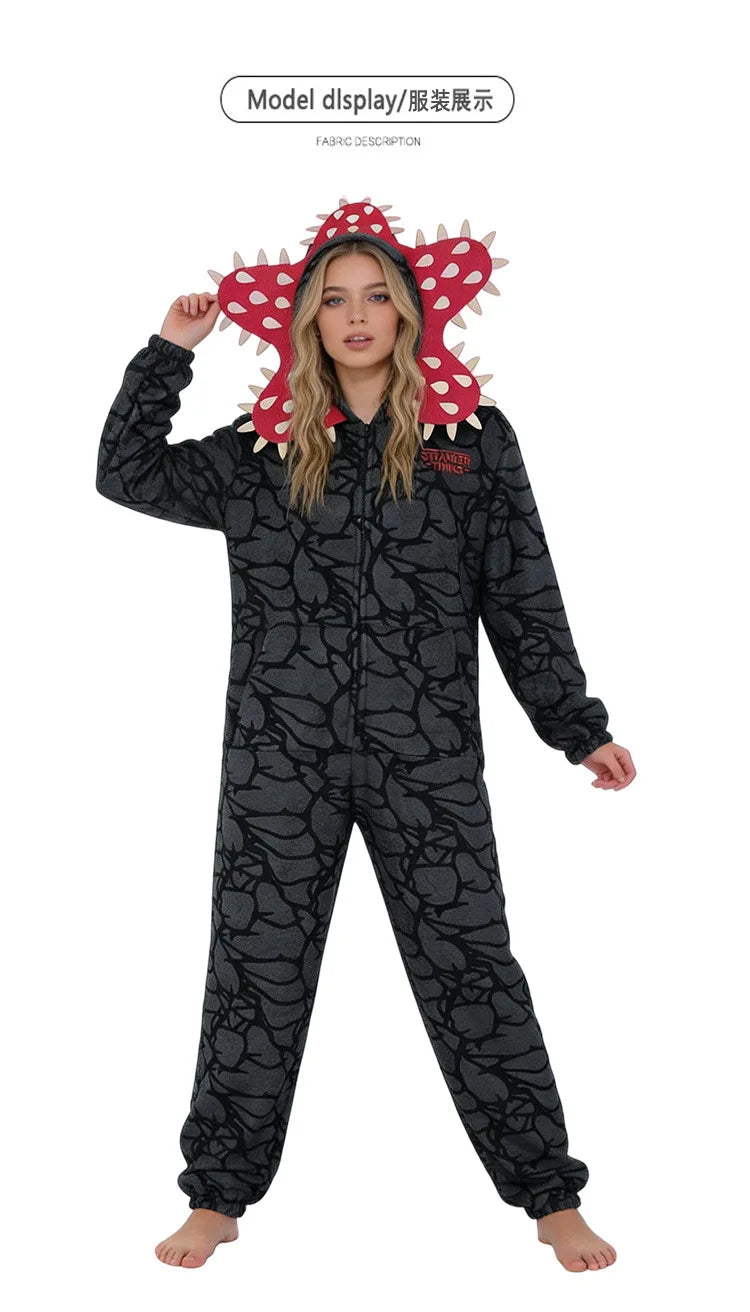 Demogorgon Costume for Kids and Adults, Black Flannel Monster Hooded Jumpsuit with Flower Face Design for Halloween Parties and Cosplay