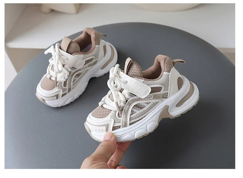 Children Mesh Sports Sneakers with Layered Panels, Lace and Strap Styling for Boys and Girls, Casual Spring and Fall Shoes in Red, Khaki or Black