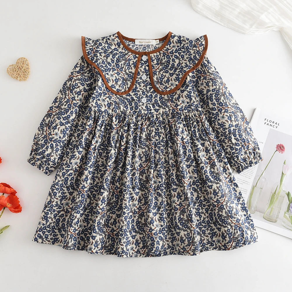 Toddler Girls Floral Dress with Oversized Collar and Long Sleeves, Bear Leader Outfit in Sizes 2T–6T for Spring, Fall and Family Photos