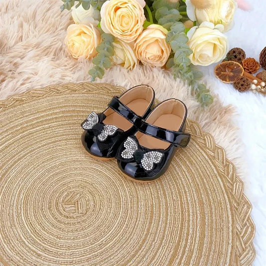 Baby Girl Mary Jane Shoes with Rhinestone Bow Details, Strap-Front Infant Dress Flats in Sizes 0-18 Months for Parties and Family Photos