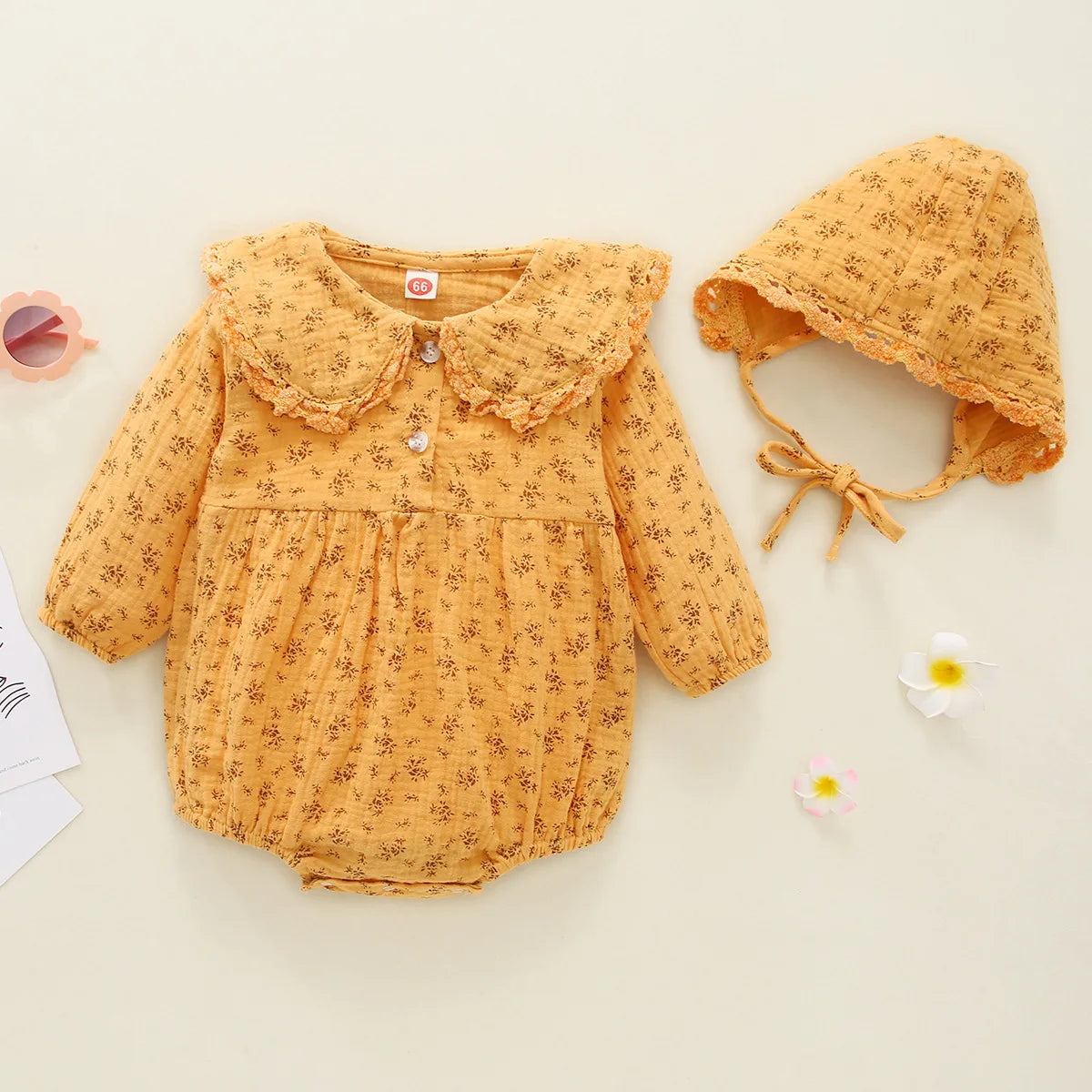 Baby Girl Floral Romper and Bonnet Set, Long Sleeve One-Piece Outfit with Decorative Collar and Snap Bottom for Infant Photos and Fall Outings