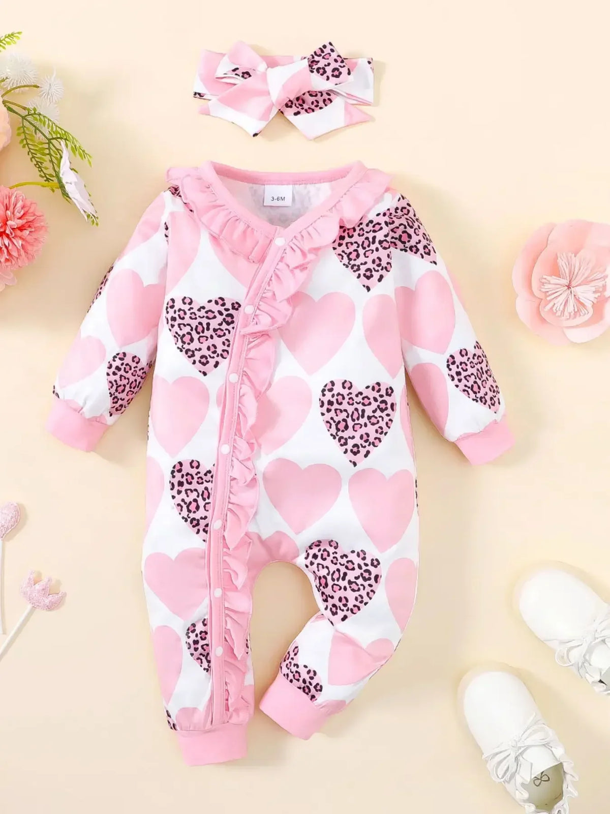 Bear Print Infant Romper with Long Sleeves and Front Fastenings, Contrast Trim and Footless Cuffs for Everyday Baby Outfits, Sizes 1-18 Months