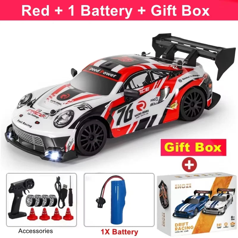 RC Drift Racing Car with 4WD, 2.4GHz Proportional Remote Control, LED Lights and Replaceable Racing and Drift Tires for Kids and Adults