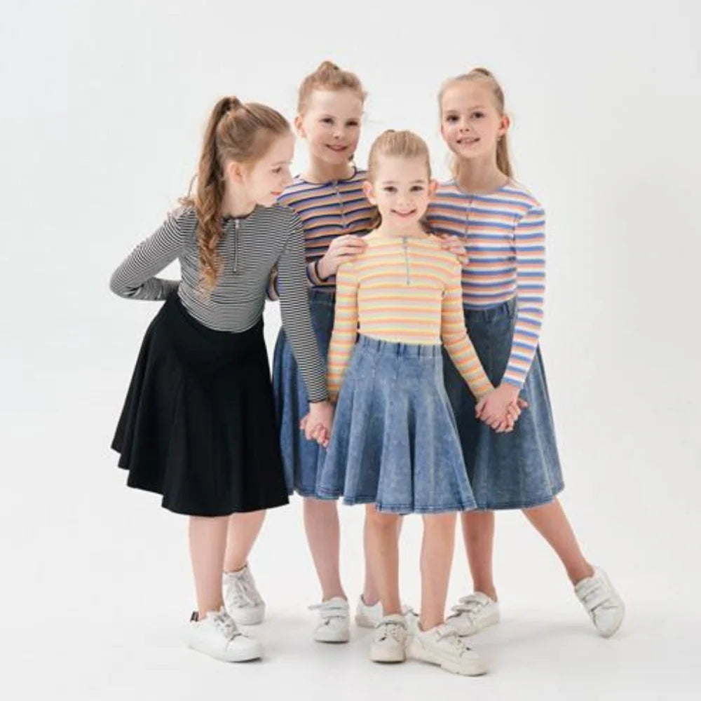 Denim Panel Pleated Skirt for Girls, Teens and Women, Washed Blue and Gray Cotton Styles with Black Jersey Option for Everyday Casual Outfits