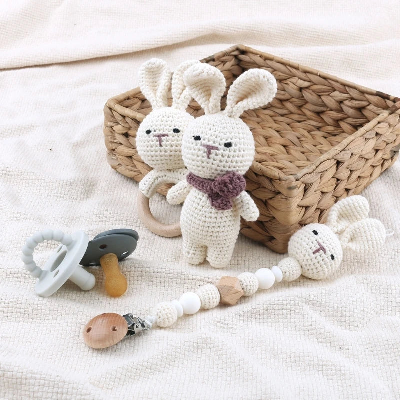 Crochet Animal Rattle Set with Wooden Ring and Coordinating Accessories, Rabbit, Deer and More Designs for Supervised Play and Baby Shower Gifts