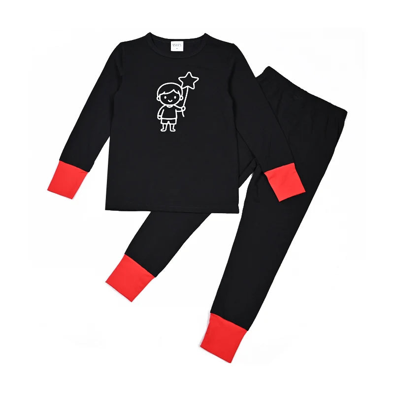 Kids Matching Pajamas with Red Cuffs and White Character Graphics, Black Sibling Outfit Styles with Two-Piece Sets, Nightgown and Footie Options