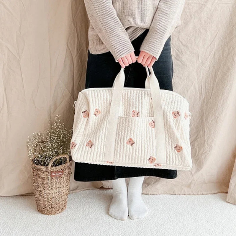 Bear Embroidered Shoulder Bag for Moms | Cartoon Handheld Parent-Child Carry Bag with Large-Capacity Listing for Daily Baby Outings