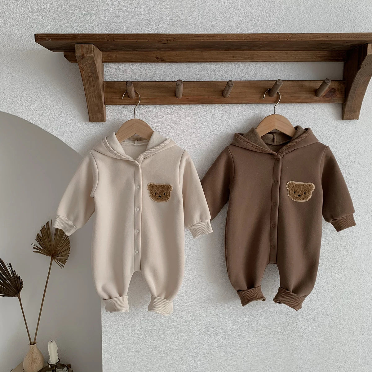 Baby Hooded Snap Front Jumpsuit with Bear Patch, Long Sleeve One-Piece Outfit in Coffee or Beige for Boys and Girls, Sizes 3M-18M