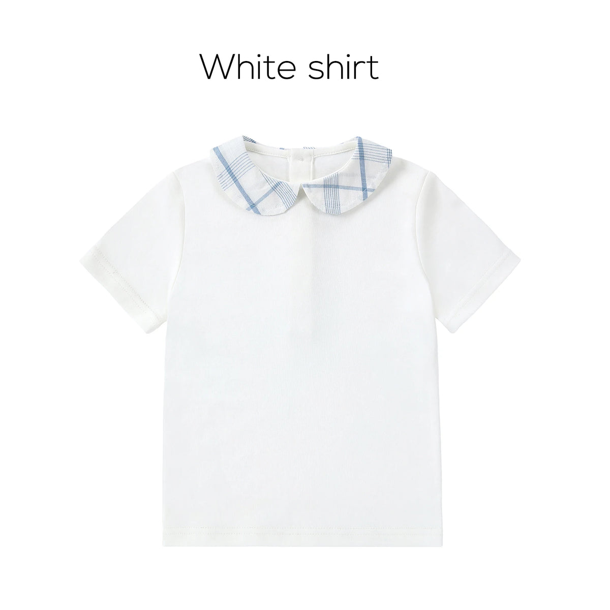 Light Blue Sibling Matching Outfits with Cotton Girls Collared Dresses, Baby Rompers and Boys Plaid Sets, Lyocell Knit Tops and White Separates