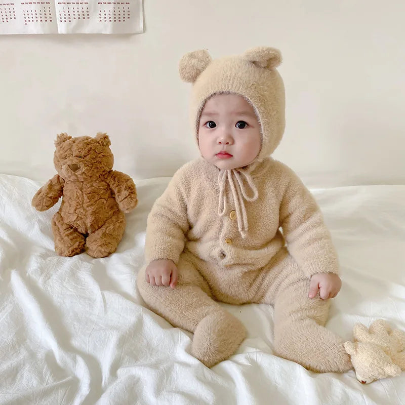 Plush Baby Footed Jumpsuit with Button Front, Bear-Inspired Autumn Winter One-Piece Outfit for Boys and Girls in Four Colors