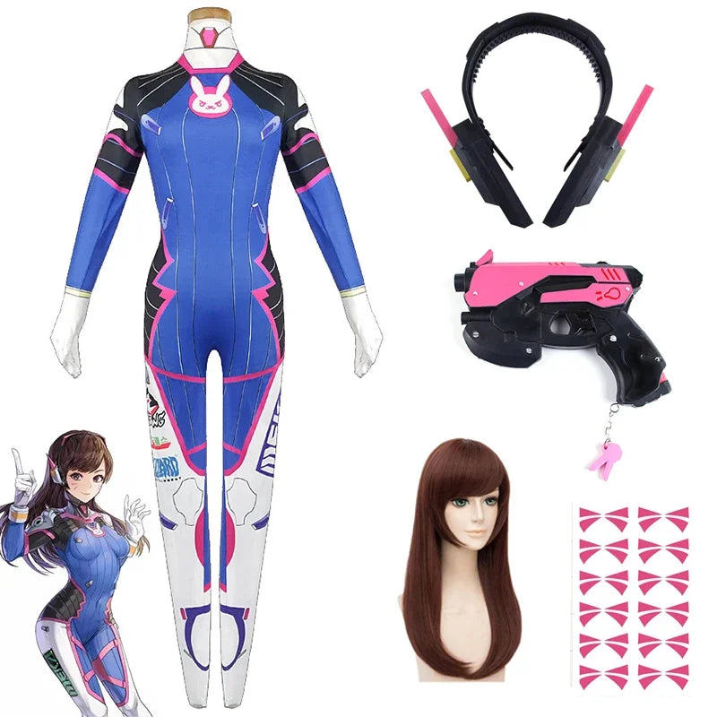 D.va Cosplay Costume and Accessory Options for Women, Blue Character Jumpsuit, Wig, Headset and Prop Selections for Halloween and Conventions