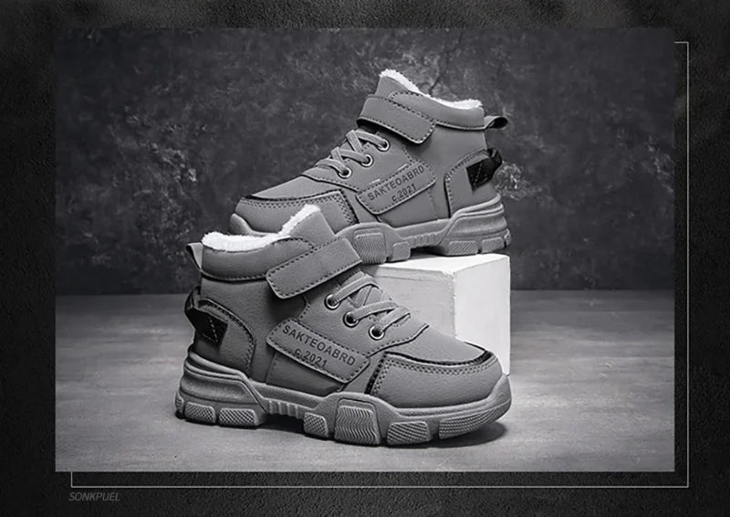 Kids Plush-Lined Winter Boots with Hook-and-Loop Ankle Strap and Lace-Up Front, Gray or Khaki High-Top Casual Shoes with Chunky Sole in Sizes 26–37
