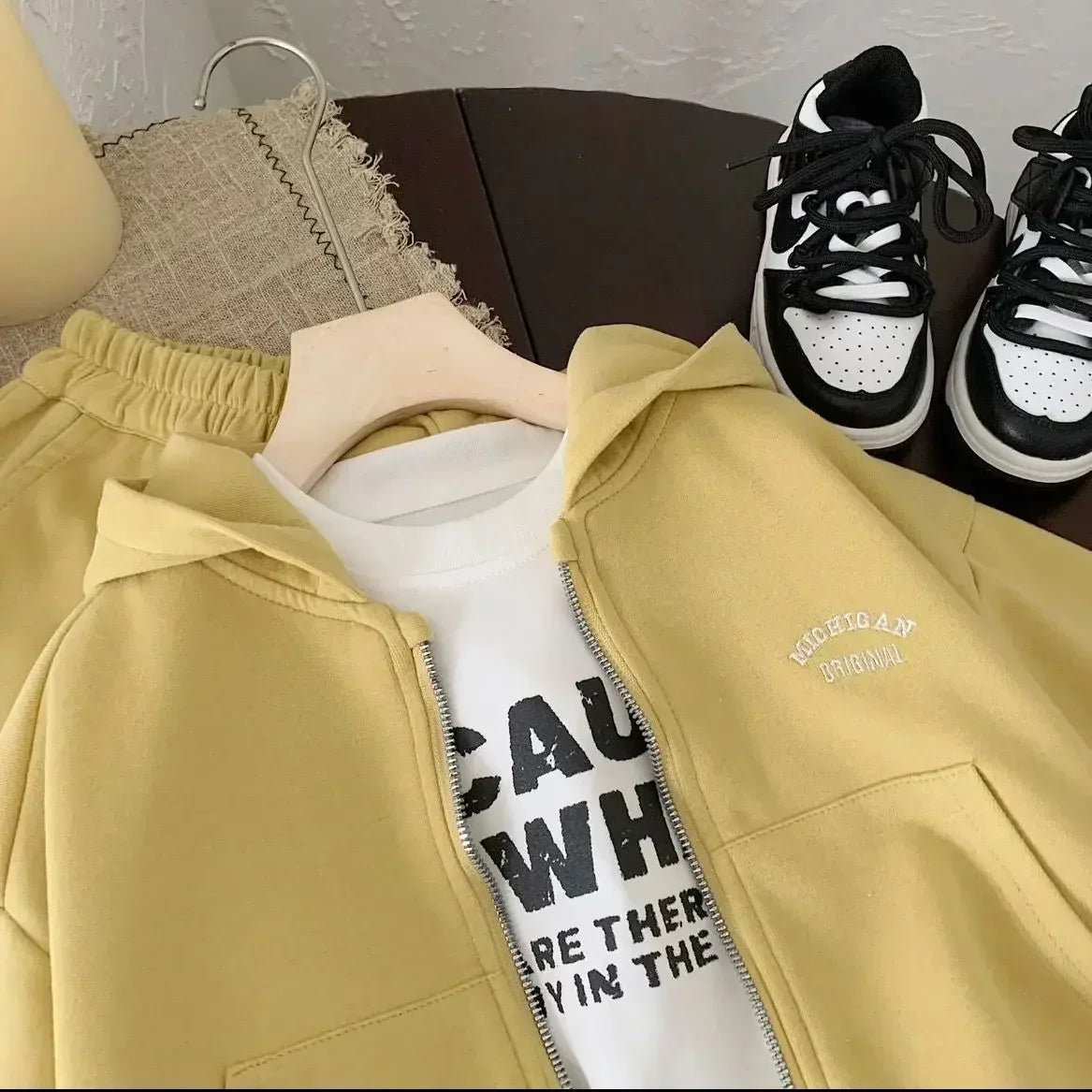 Kids Zip-Up Hoodie and Jogger Pants Set in Yellow or Gray, Two-Piece Casual Outfit with Letter Detail for Boys and Girls, Sizes 90-140cm