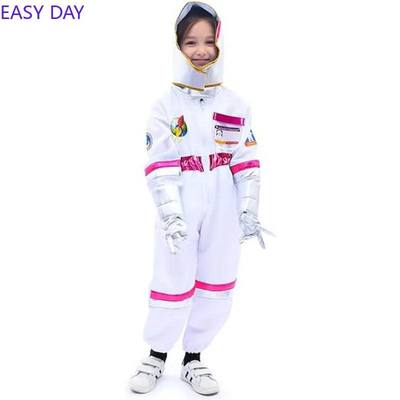 Space Explorer Costume for Kids with White Astronaut Jumpsuit, Space-Themed Patches and Metallic Trim Options for Halloween and Birthday Parties