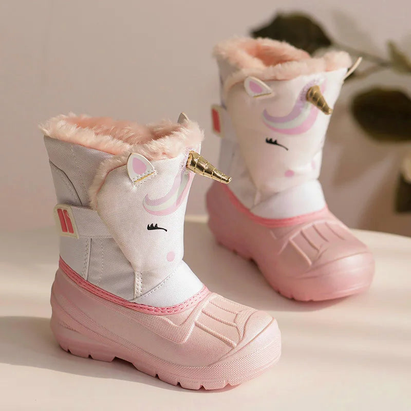 Kids Unicorn Winter Boots with Plush Trim, Gold-Tone Horn and Ear Details, Pink and White Fantasy-Themed Cold-Weather Footwear for Girls