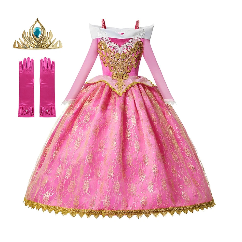 Pink Princess Costume Dress for Girls with Gold-Tone Detailing and Long Sleeves, Aurora-Inspired Party Dress-Up with Selectable Bundle Options