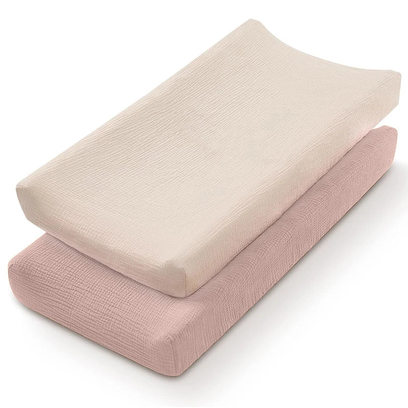 Muslin Cotton Changing Pad Covers 2-Pack with Elastic Edges, Double-Layer Baby Diaper Mat Covers for Newborn Nursery Care and Baby Shower Gifts