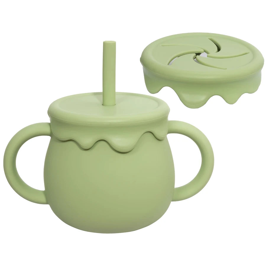 Two-Handle Toddler Straw Cup with Rounded Body and Wavy-Edge Lid, Portable Baby Drinkware and Snack Container Options for Supervised Use