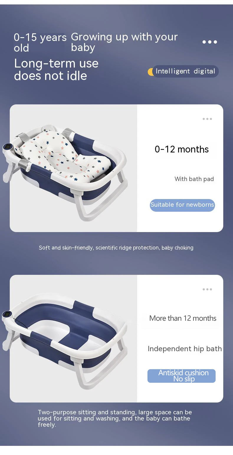 Temperature-Sensing Baby Bathtub with Digital Display, Compact Folding Bath Tub for Supervised Bathing and Small-Bathroom Storage