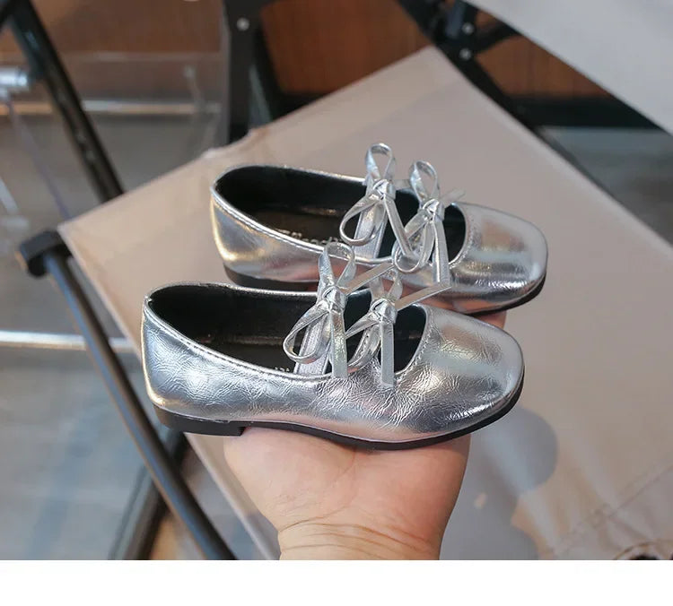 Girls Square-Toe Double-Bow Dress Flats with Cross-Strap Detail in Silver, Black or Gold for Party Outfits, Family Celebrations and Special Occasions