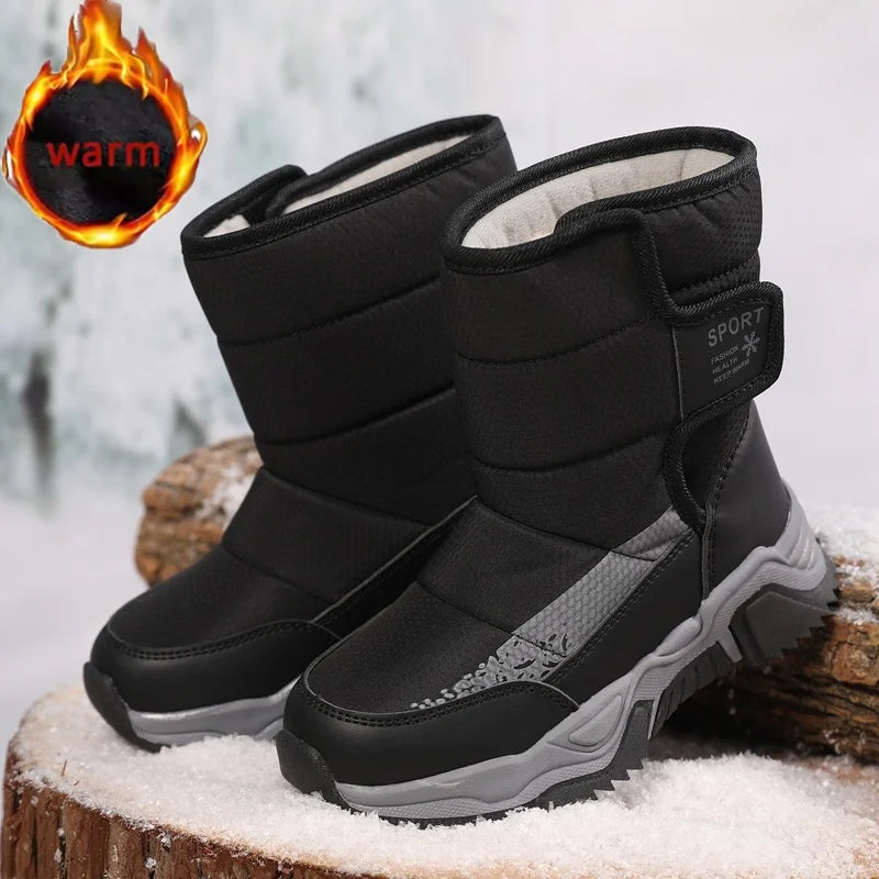 High-Top Kids Snow Boots with Hook-and-Loop Side Straps, Padded Shafts and Chunky Tread Soles for Winter Outings, Chinese Sizes 31-42