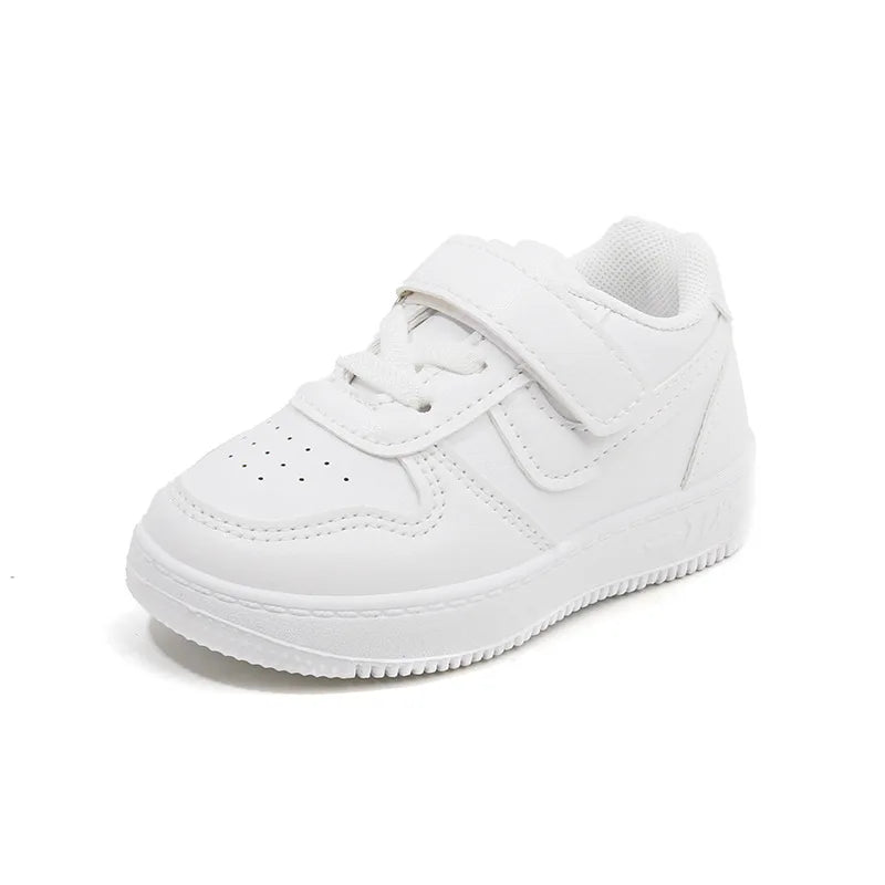 Kids White Low-Top Sneakers with Adjustable Strap, Perforated Toe and Silver Heel Detail for Boys and Girls Spring and Fall Casual Outfits
