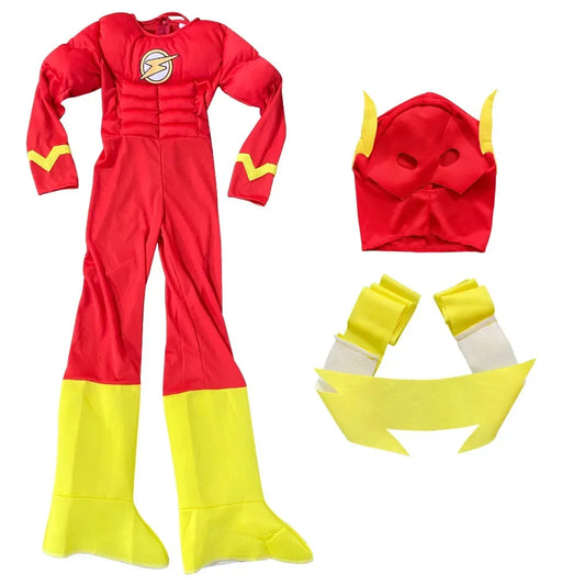 Kids Flash Muscle Costume Set with Jumpsuit, Headgear and Belt, Red Superhero Dress-Up Outfit for Halloween, Carnival and Birthday Parties