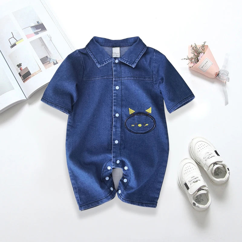 Collared Baby Denim Romper by IENENS with Chest Pockets and Snap Fastenings, Blue Long Sleeve One-Piece Outfit for Boys and Girls in 0-18M Sizes