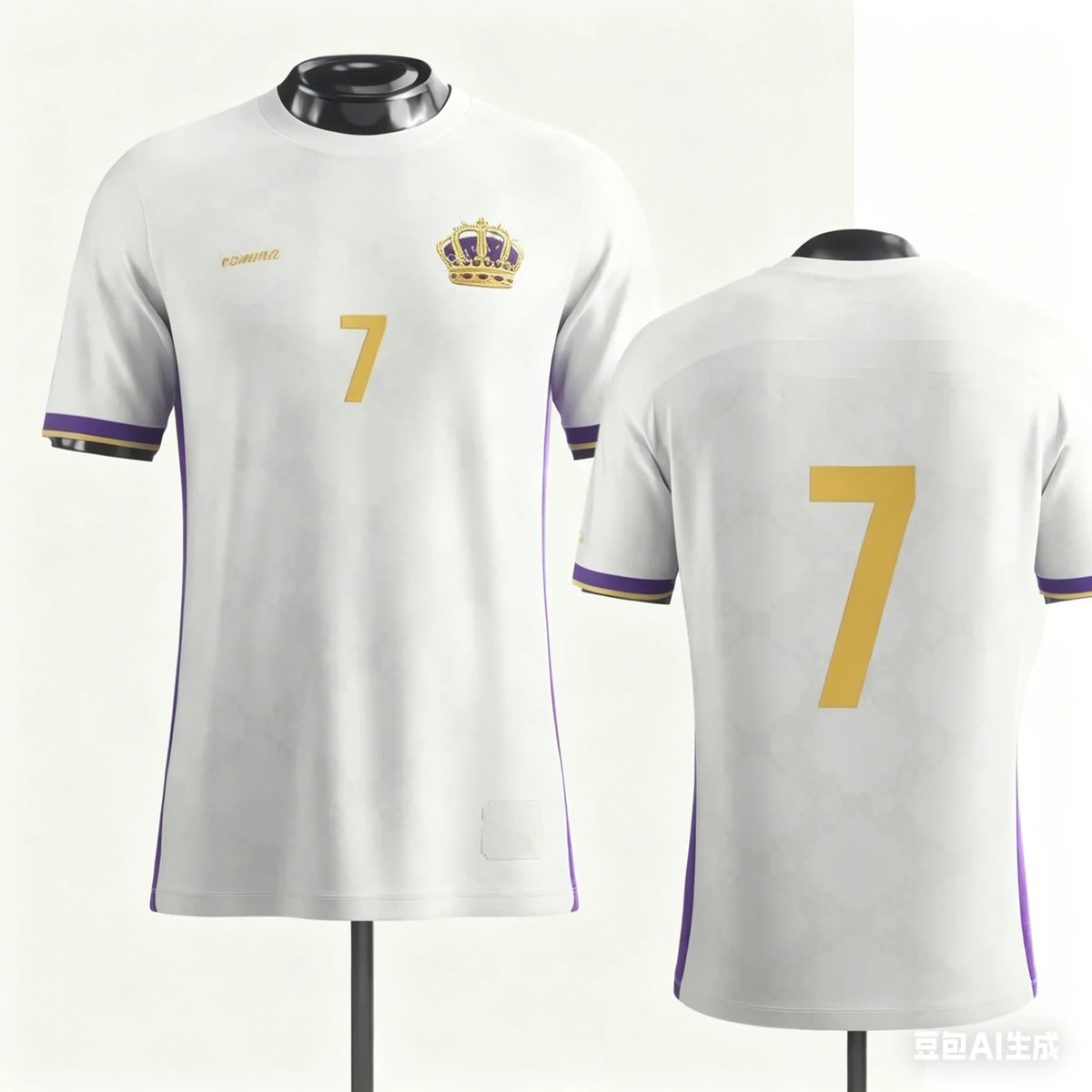 Number 7 Soccer Fan Shirt for Kids and Adults, Short Sleeve Football Jersey Style Top with Black Graphic and White Gold Designs for Family Matching