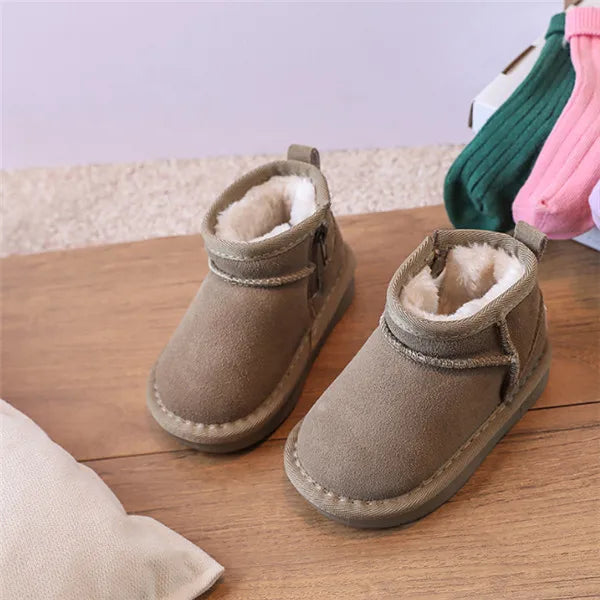 Toddler Plush Winter Booties with Contrast Stitching and Rear Pull Tabs, Camel, Black or Army Green Short Boots for Boys and Girls, Sizes 18-25