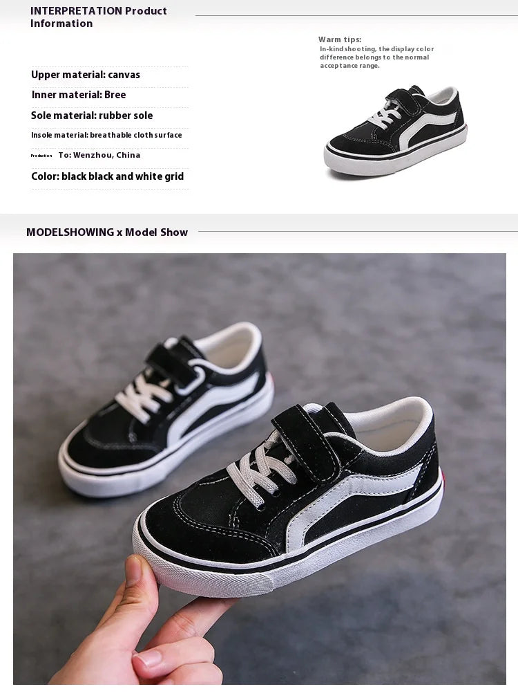Kids Low-Top Canvas Shoes in Black and White with Hook-and-Loop Strap, Lace Detail and Contrast Side Stripe for Everyday Casual Outfits