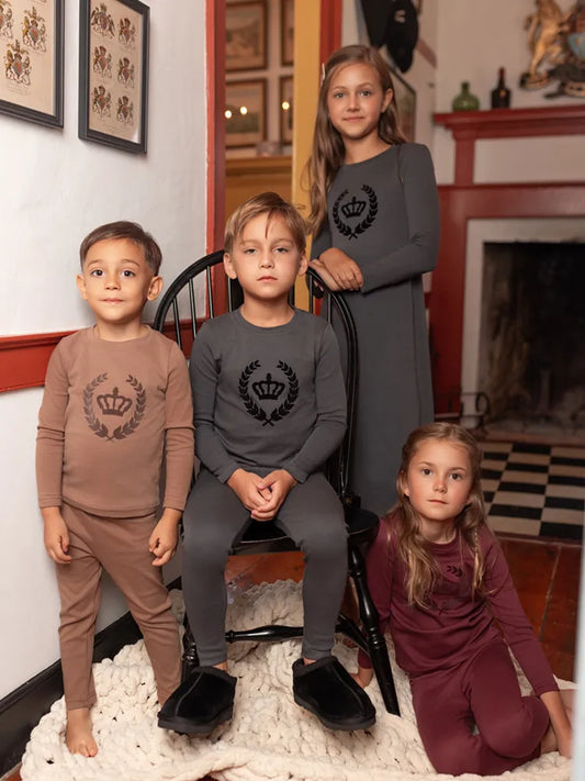 Royal Crown Kids Matching Outfits in Cotton Jersey with Velvet Crown Prints, Long-Sleeve Top and Pants or Dress Styles for Sibling Photos