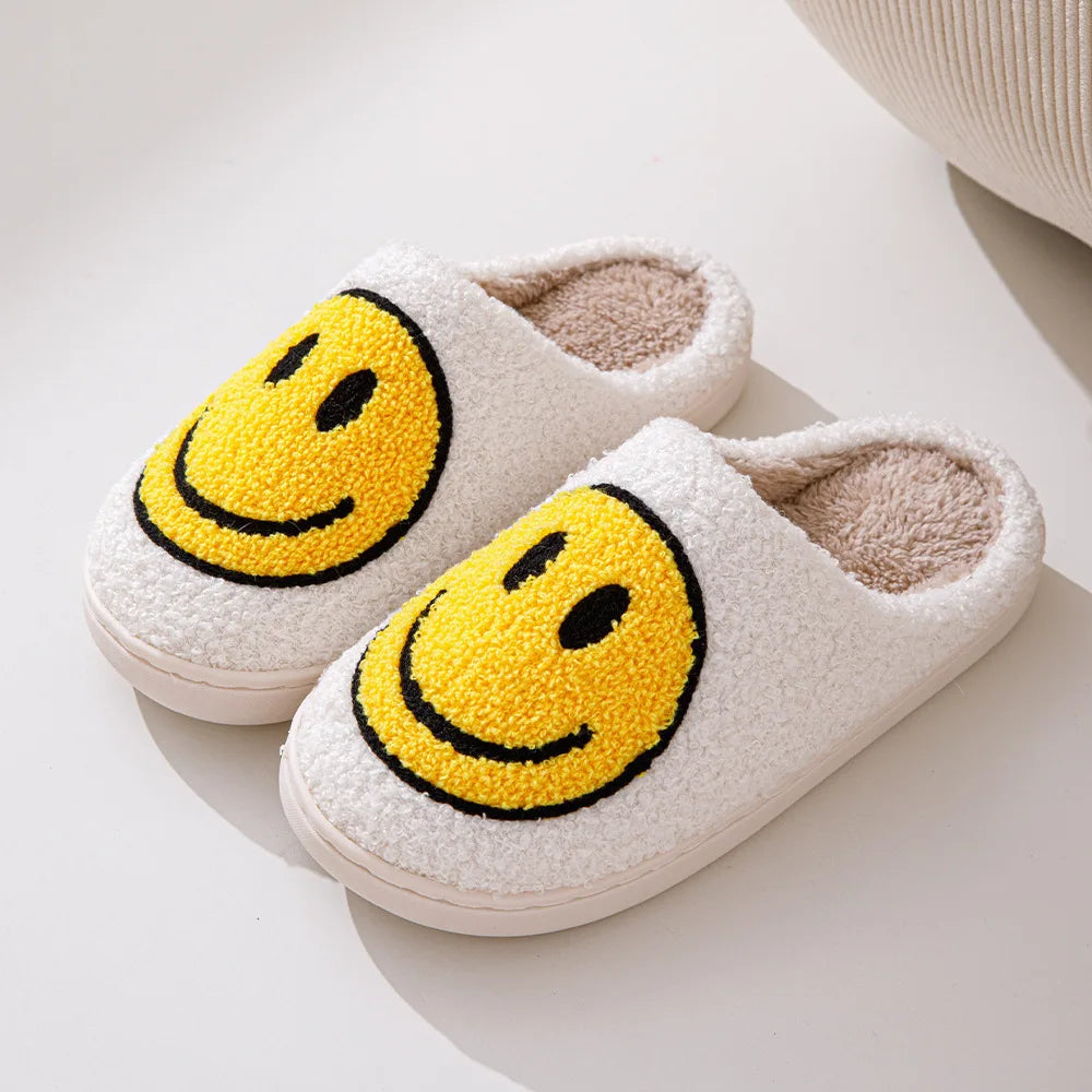 Kids Smiley Face Plush Slippers, Closed-Toe Slip-On Indoor House Shoes with Thick Soles in Blue, Pink, Yellow or Light Green for Fall and Winter